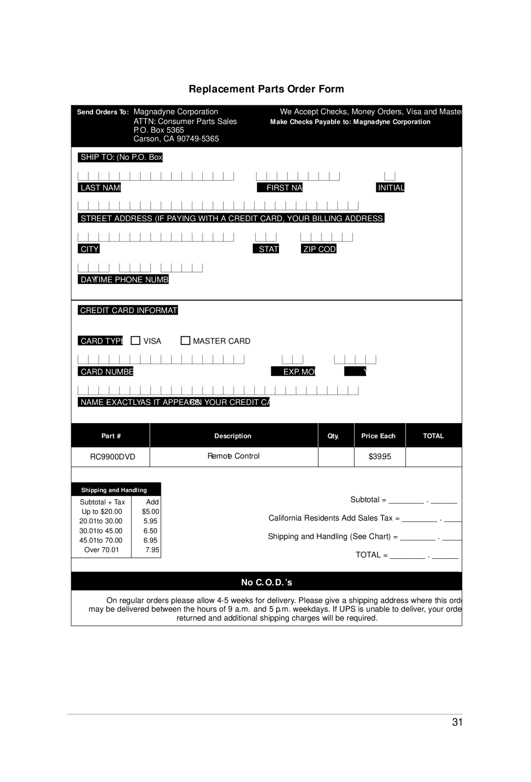 Carbine M9900DVDS manual Replacement Parts Order Form 