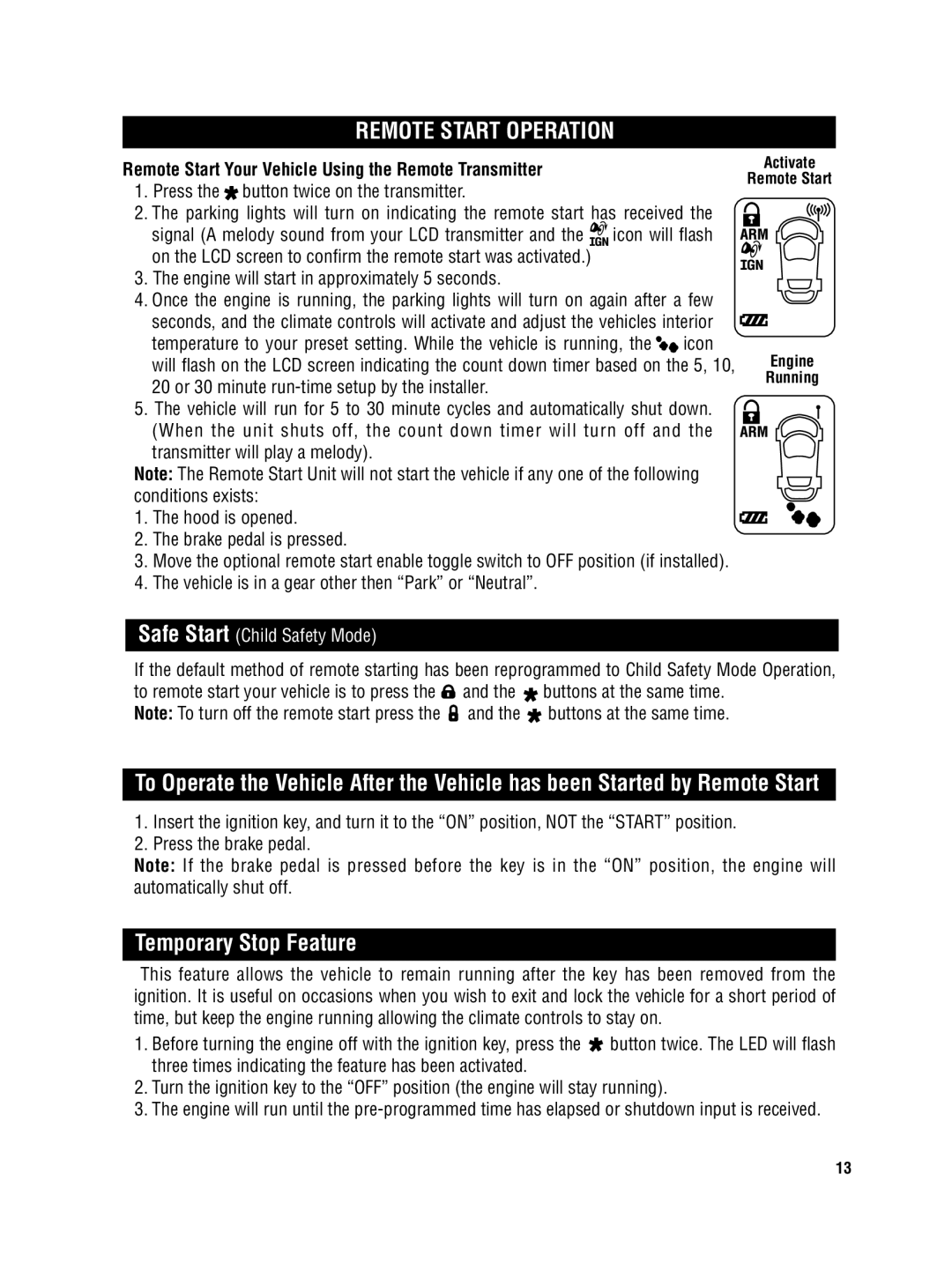 Carbine PLUS 6850 manual Temporary Stop Feature, Remote Start Your Vehicle Using the Remote Transmitter 