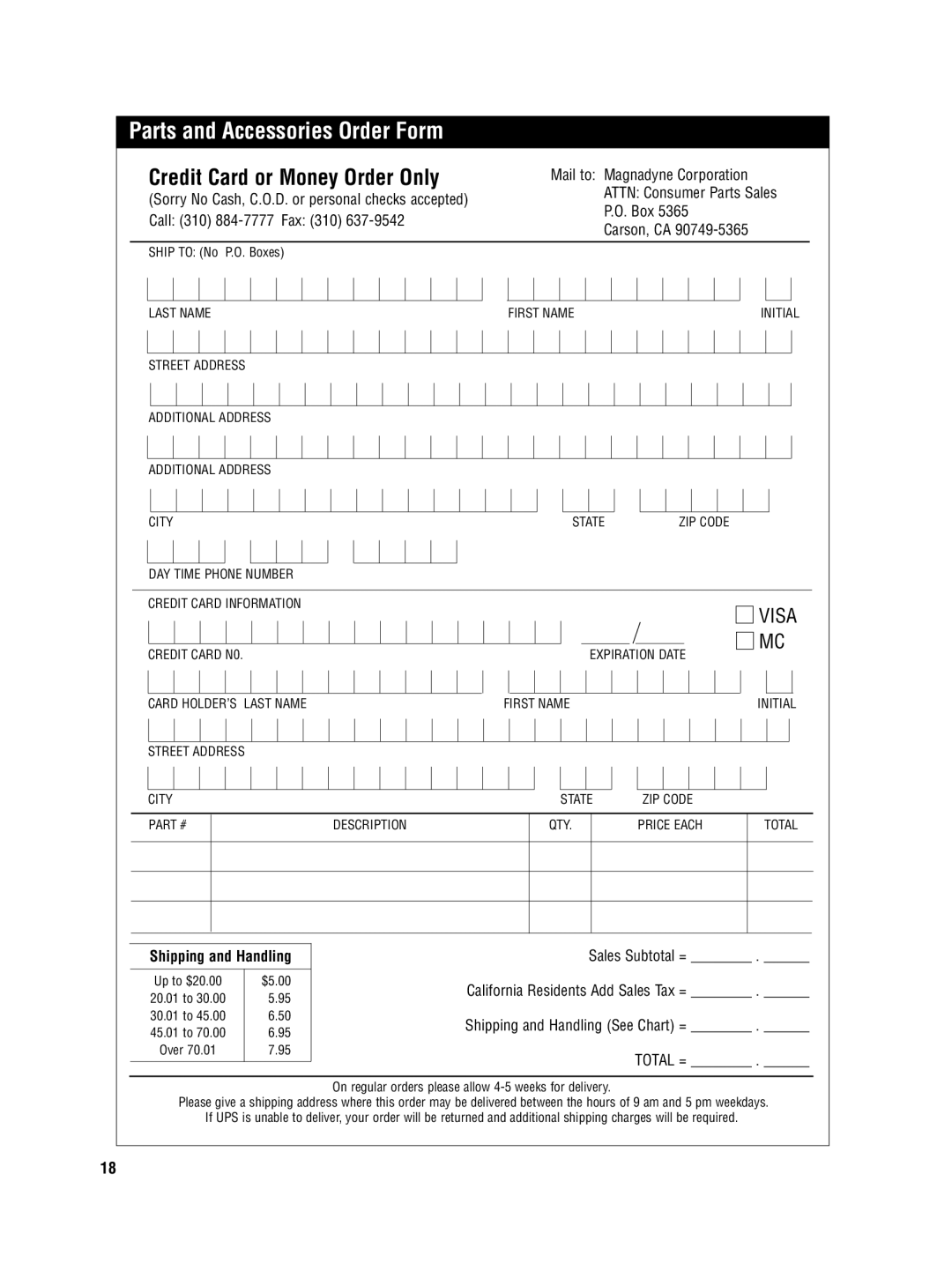 Carbine PLUS 6850 manual Parts and Accessories Order Form, Credit Card or Money Order Only 