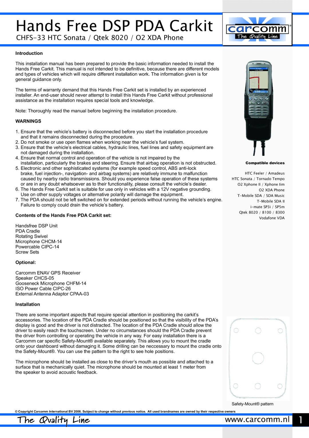 Carcomm QTEK 8020, 02 XDA manual Introduction, Contents of the Hands Free PDA Carkit set, Optional, Installation 