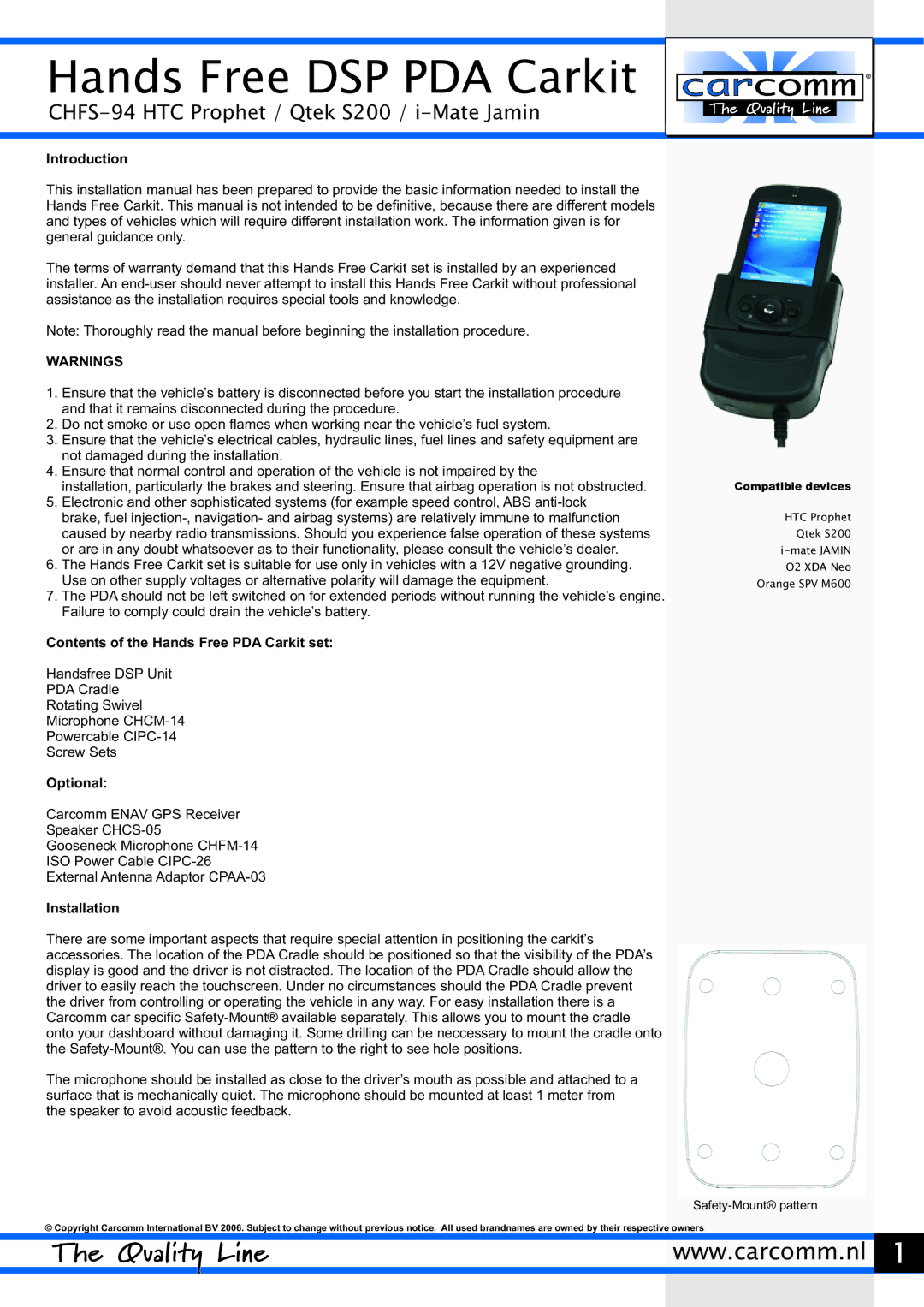 Carcomm CHFS-94 manual Introduction, Contents of the Hands Free PDA Carkit set, Optional, Installation 