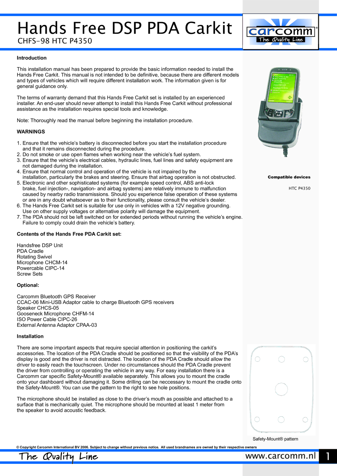 Carcomm CHFS-98 manual Introduction, Contents of the Hands Free PDA Carkit set, Optional, Installation 