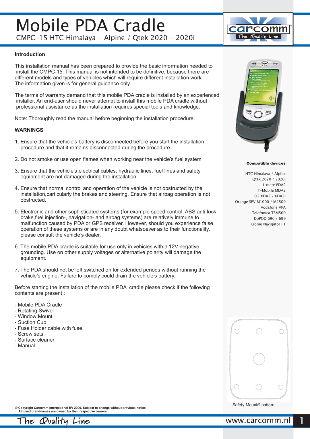 Carcomm CMPC - 15 HTC Himalaya - Alpine / Qtek 2020 - 2020i manual Mobile PDA Cradle, Introduction, Safety-Mount pattern 