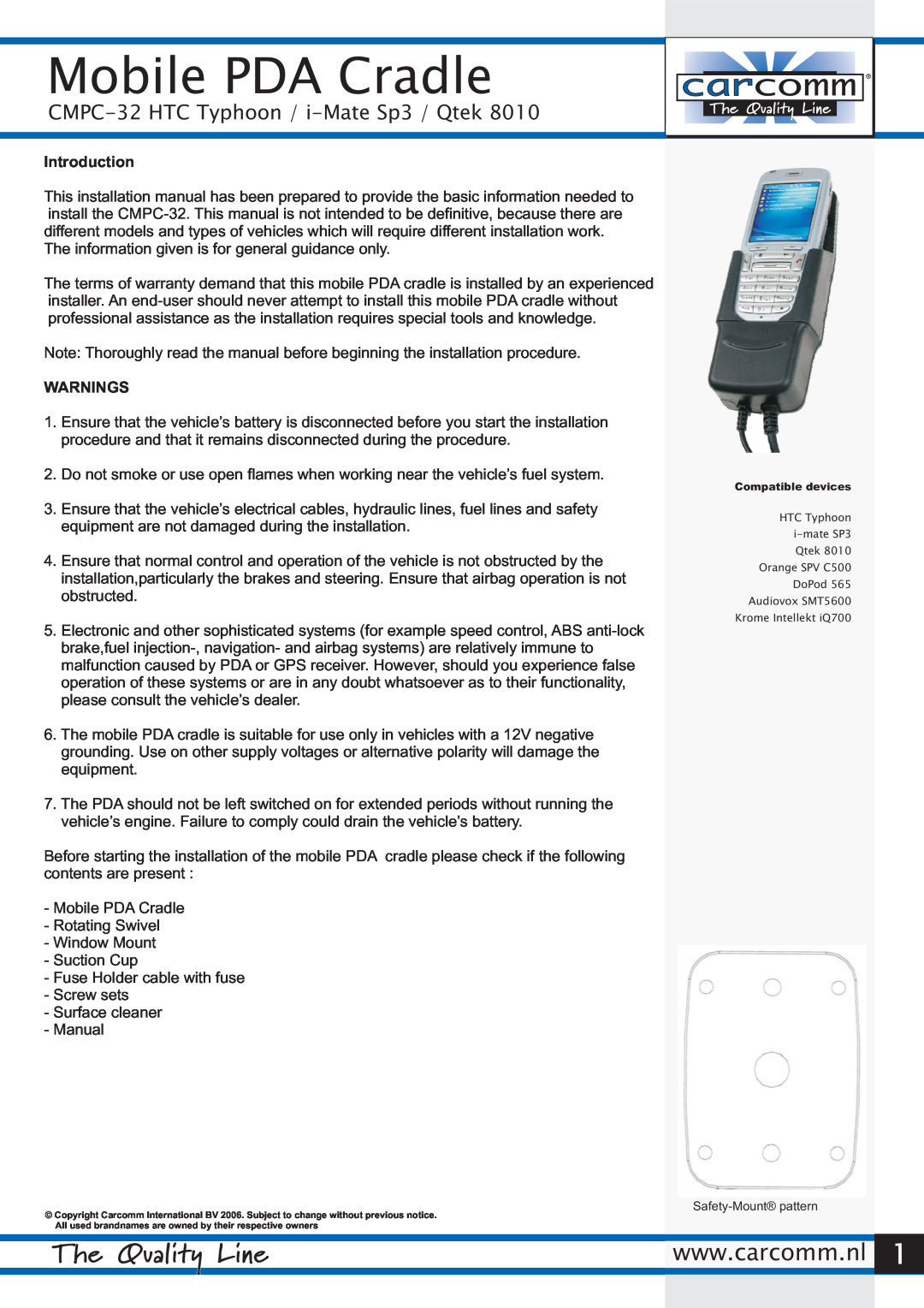 Carcomm manual Mobile PDA Cradle, CMPC-32 HTC Typhoon / i-Mate Sp3 / Qtek, Introduction, Warnings 