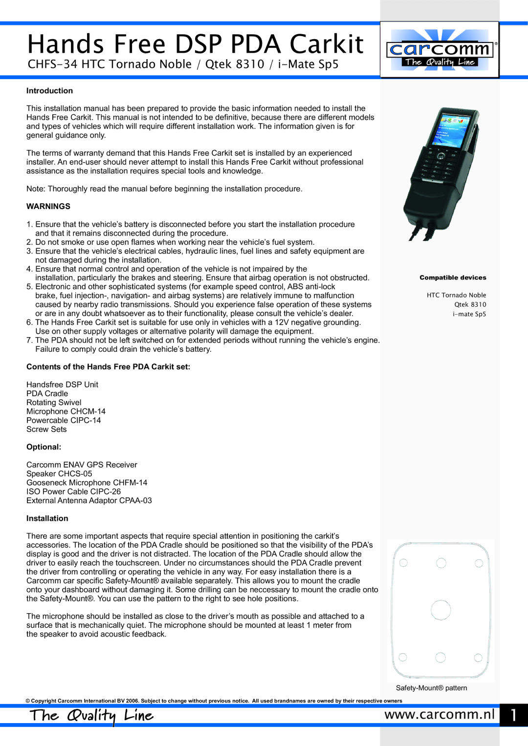 Carcomm CHFS-34 HTC, i-Mate-Sp5 manual Introduction, Contents of the Hands Free PDA Carkit set, Optional, Installation 