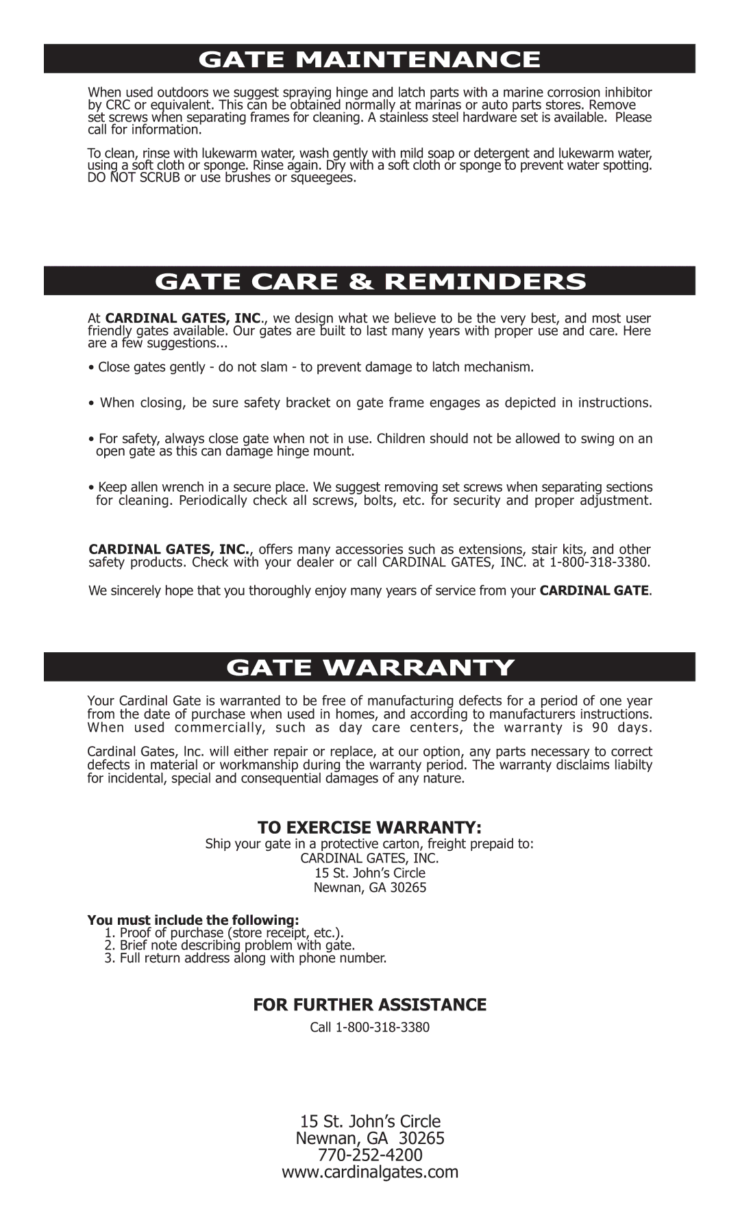 Cardinal Gates door lock manual Gate Maintenance, Gate Care & Reminders, Gate Warranty, To Exercise Warranty 