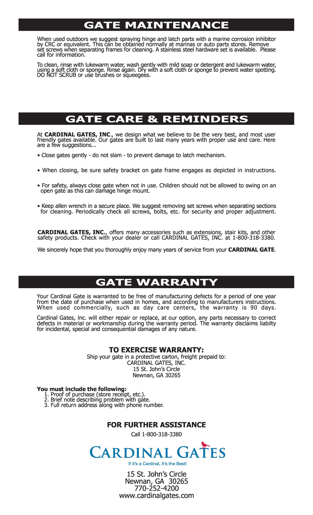 Cardinal Gates door lock manual Gate Maintenance, Gate Care & Reminders, Gate Warranty, To Exercise Warranty 
