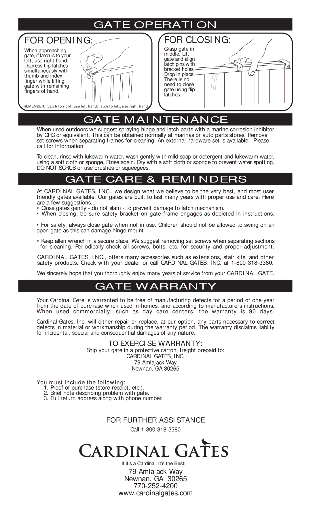 Cardinal Gates EX-5 instruction sheet Gate Operation, Gate Maintenance, Gate Care & Reminders, Gate Warranty 