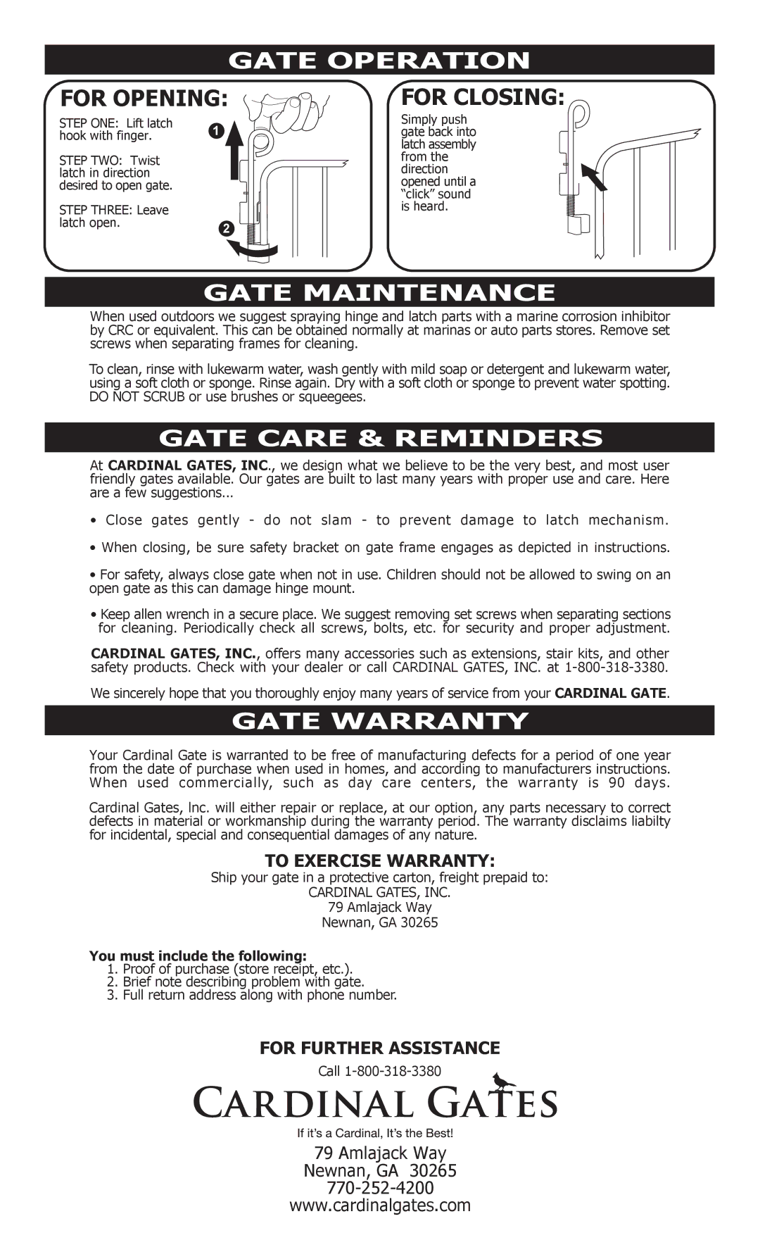 Cardinal Gates MG15 manual Gate Operation, Gate Maintenance, Gate Care & Reminders, Gate Warranty 