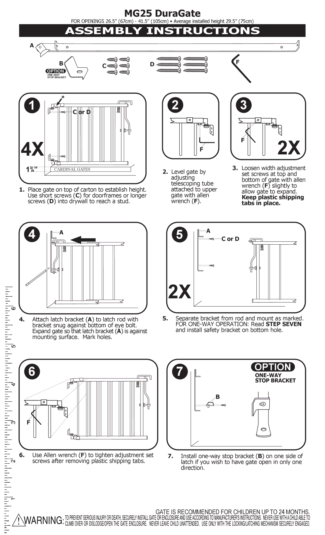 Cardinal Gates MG25 manual Assembly Instructions, Keep plastic shipping tabs in place Or D 