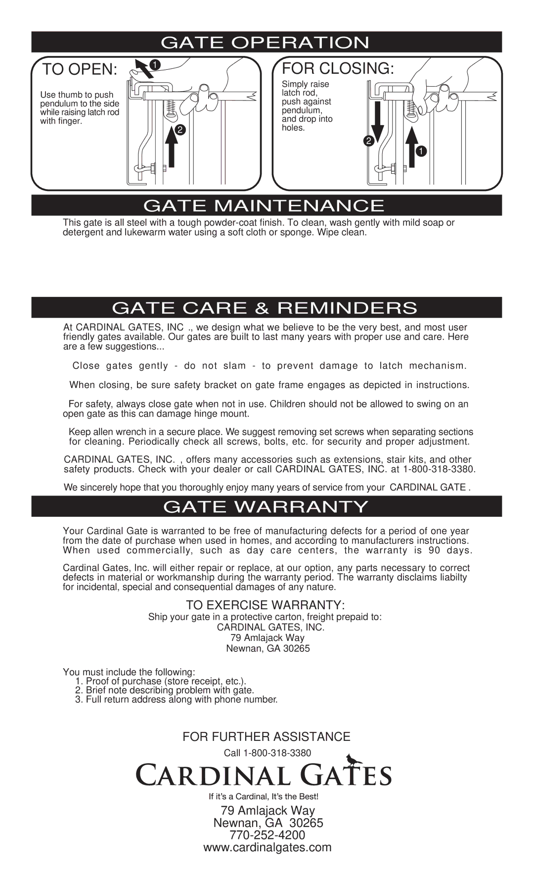 Cardinal Gates MG25 Gate Operation, Gate Maintenance, Gate Care & Reminders, Gate Warranty, You must include the following 