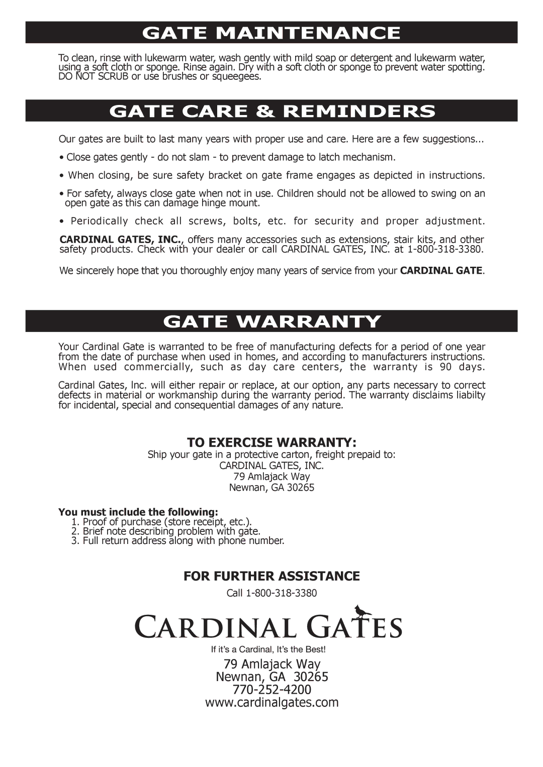 Cardinal Gates PG-35 Gate Maintenance, Gate Care & Reminders, Gate Warranty, To Exercise Warranty, For Further Assistance 