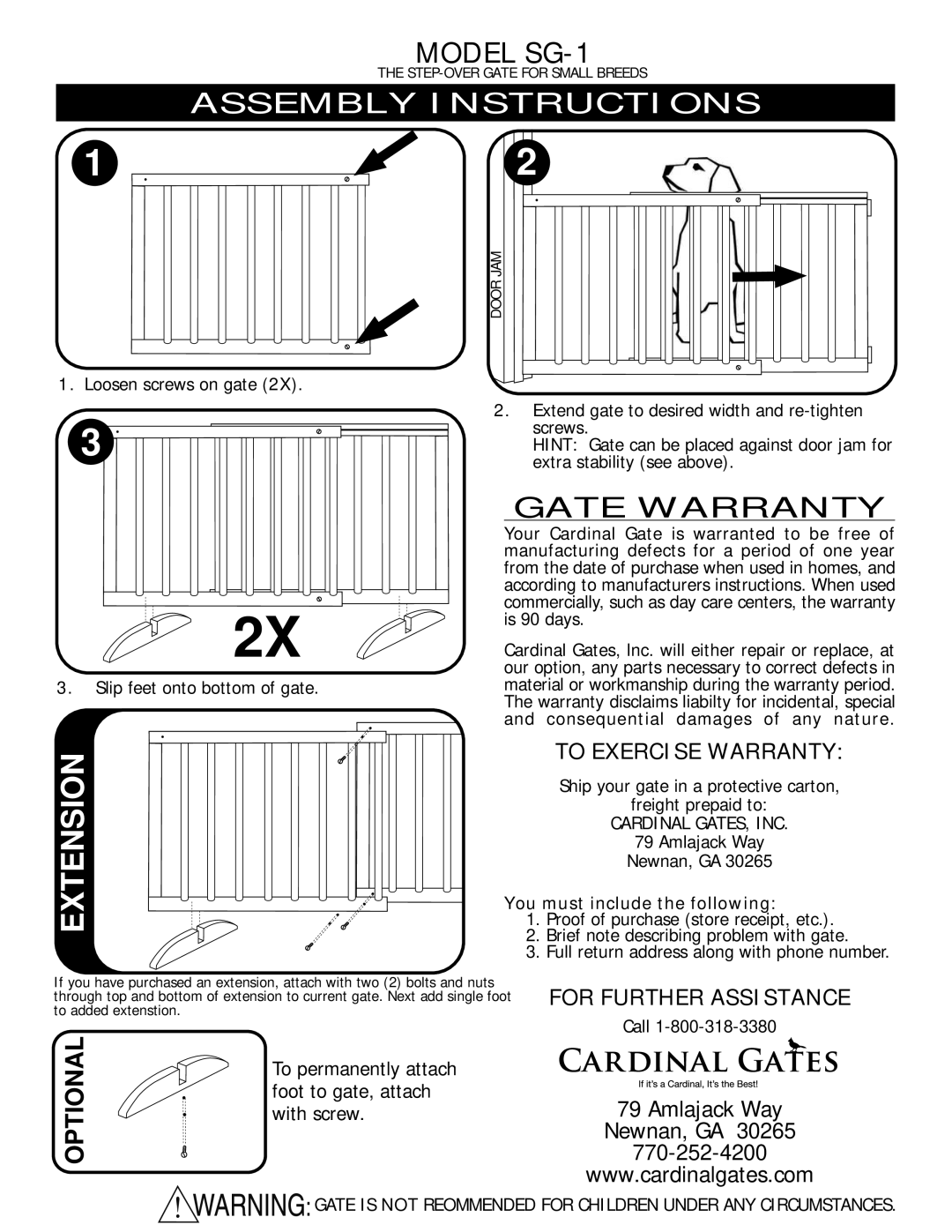 Cardinal Gates warranty Extension, Model SG-1, Gate Warranty, To Exercise Warranty, For Further Assistance 