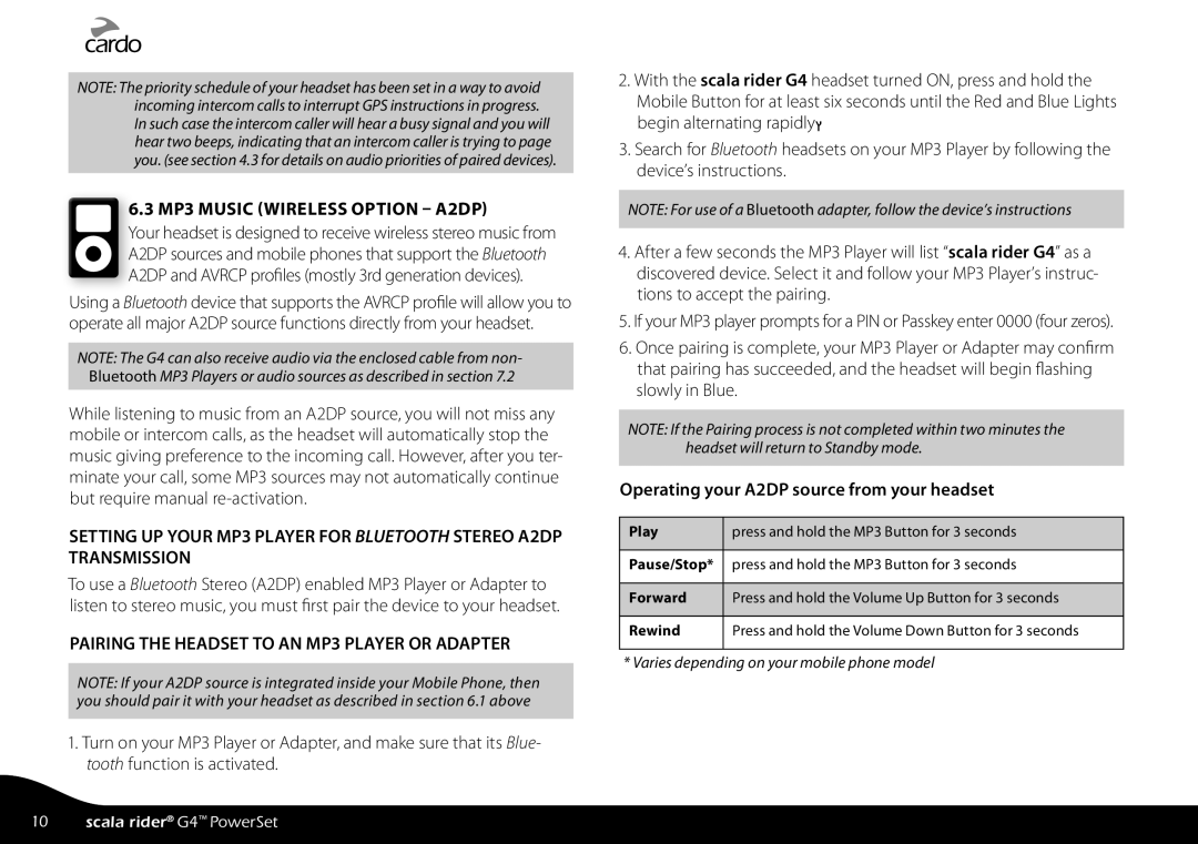 Cardo G4 manual MP3 Music Wireless Option A2DP, A2DP and Avrcp profiles mostly 3rd generation devices 