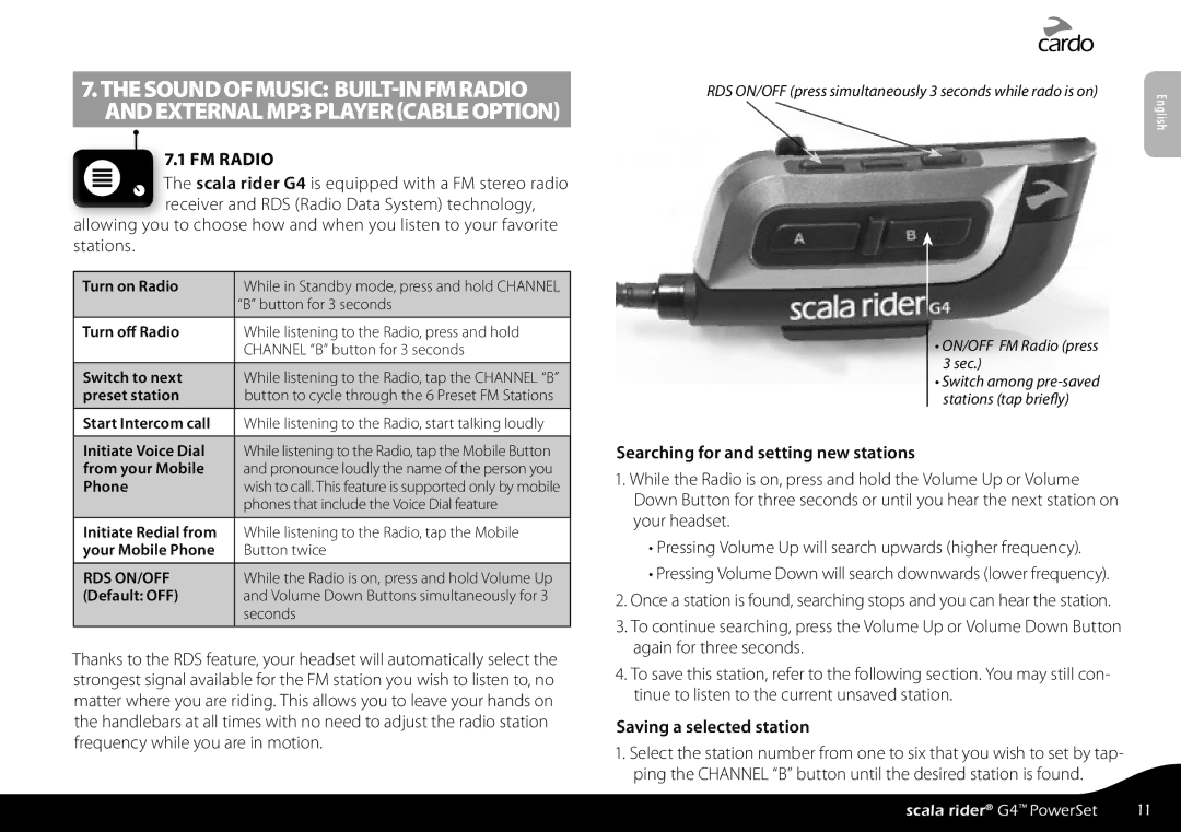 Cardo G4 manual FM Radio, Searching for and setting new stations, Saving a selected station 