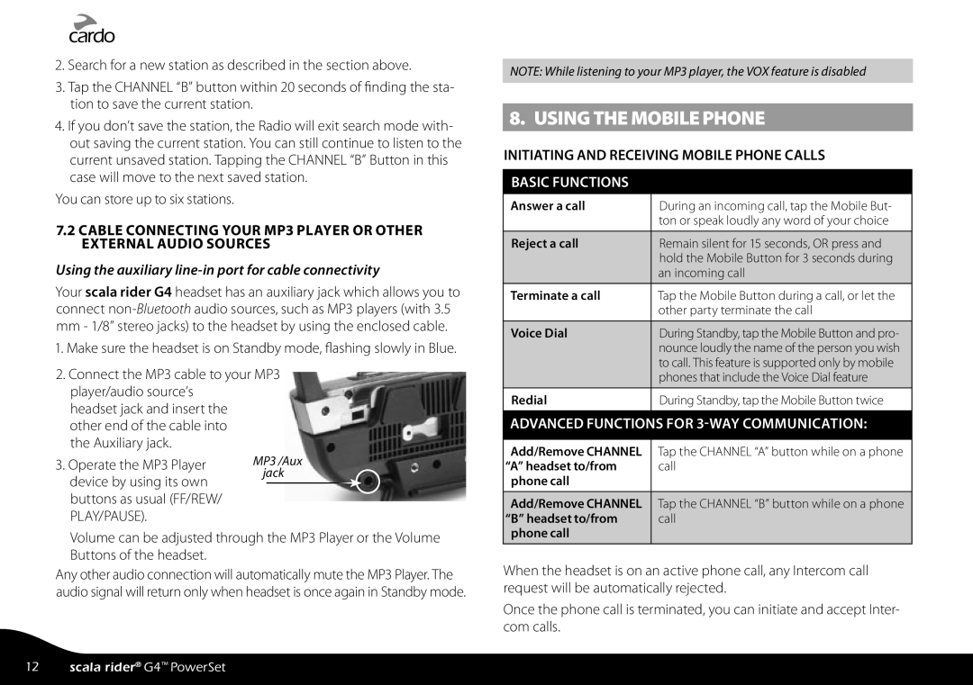 Cardo G4 manual Using the Mobile Phone, Initiating and Receiving Mobile Phone Calls 