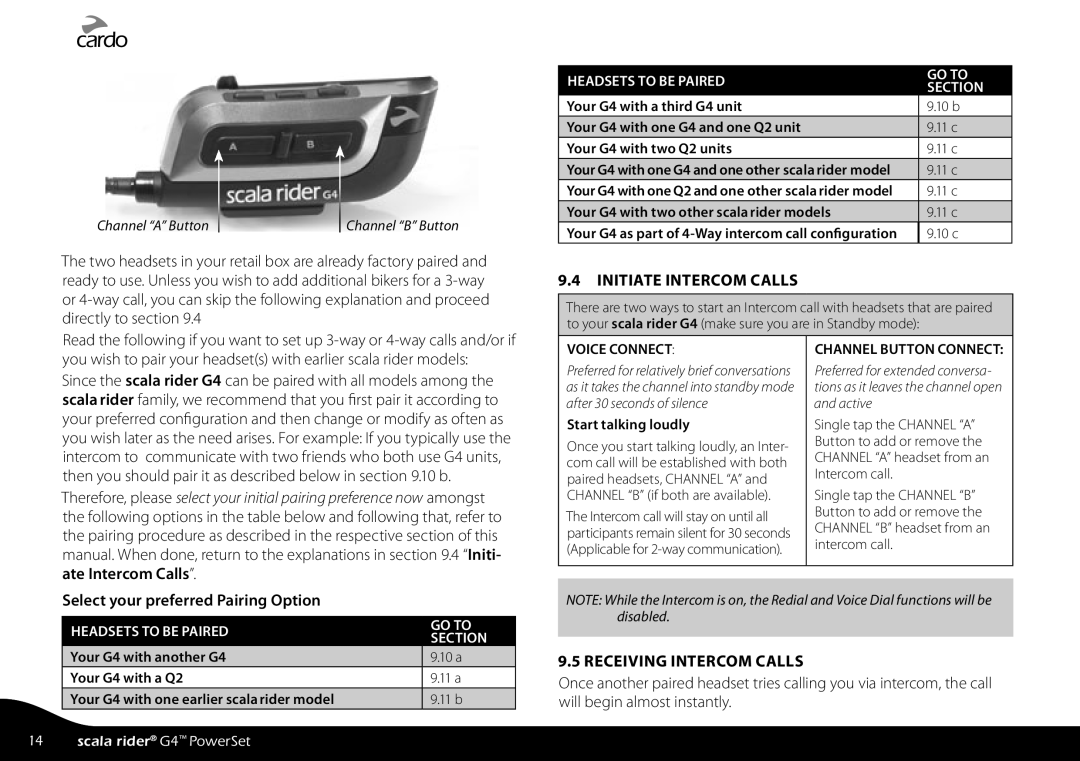 Cardo G4 manual Initiate Intercom Calls, Select your preferred Pairing Option, Receiving Intercom Calls 