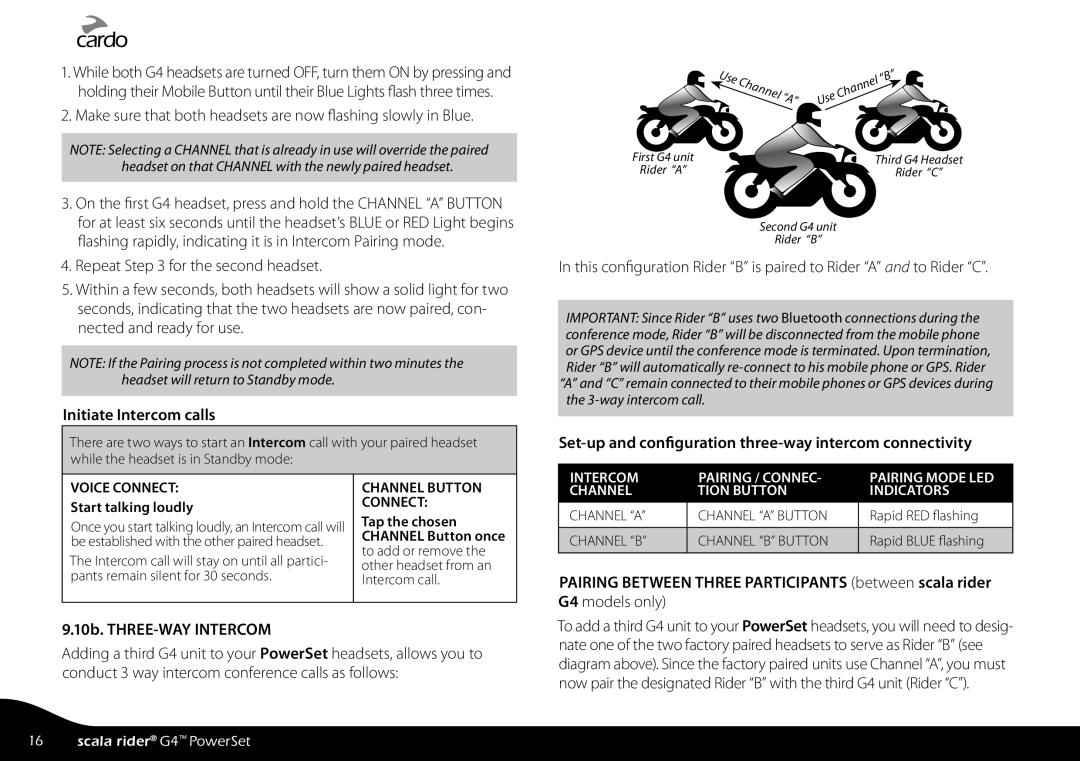 Cardo G4 manual Initiate Intercom calls, Set-up and configuration three-way intercom connectivity 