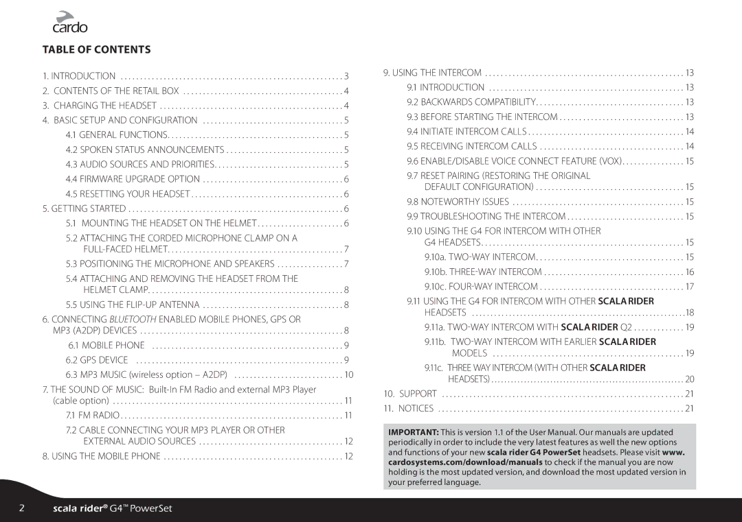 Cardo G4 manual Table of Contents 