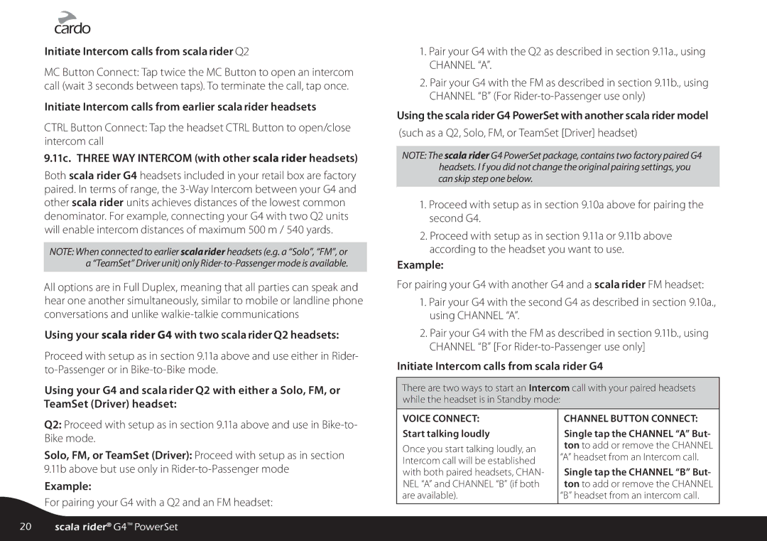 Cardo G4 Initiate Intercom calls from scala rider Q2, Initiate Intercom calls from earlier scala rider headsets, Example 