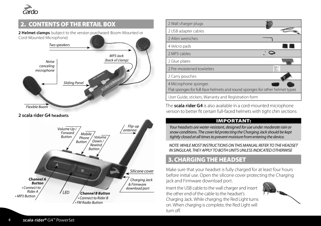 Cardo G4 manual Contents of the Retail BOX, Charging the Headset 