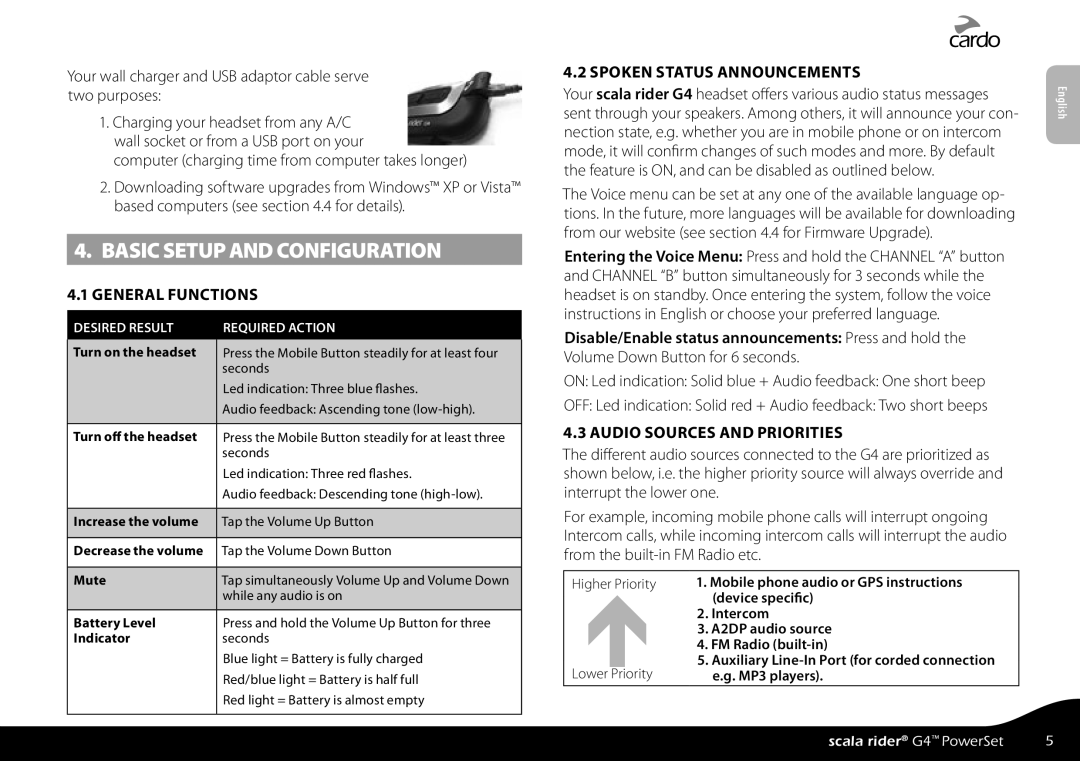 Cardo G4 manual Basic Setup and Configuration, General Functions, Spoken Status Announcements, Audio Sources and Priorities 