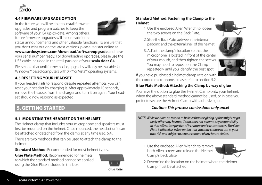 Cardo G4 manual Getting Started, Firmware Upgrade Option, Resetting Your Headset, Mounting the Headset on the Helmet 