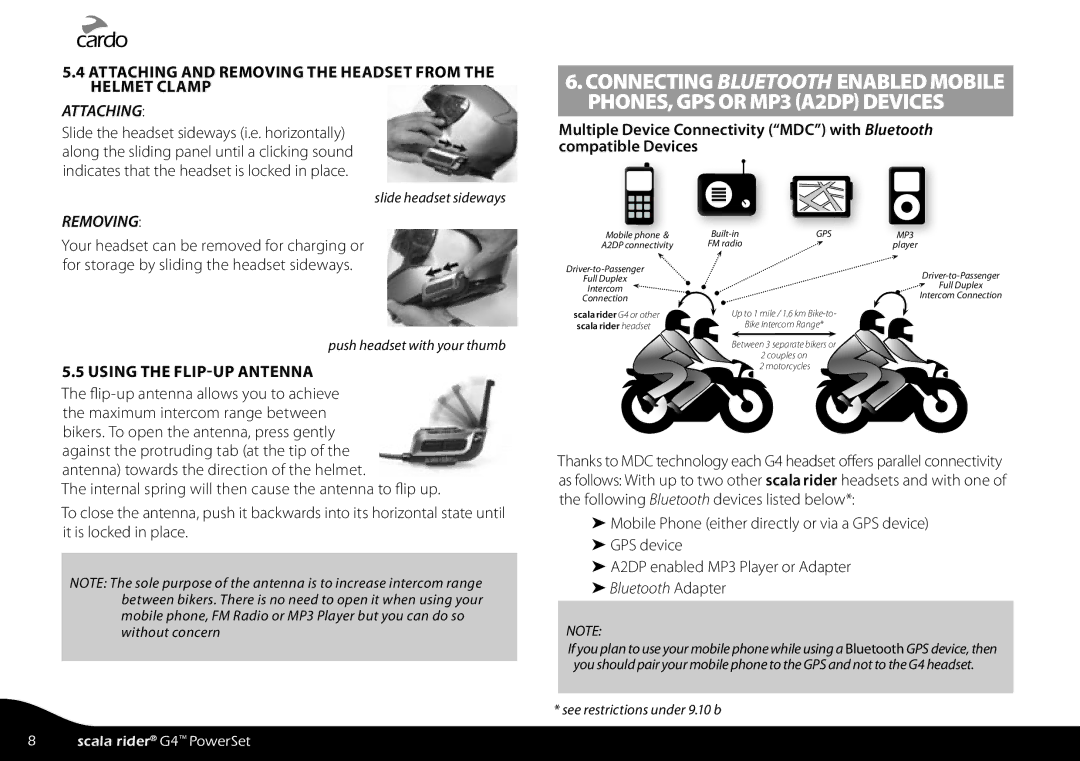 Cardo G4 manual Attaching and Removing the Headset from Helmet Clamp, Using the FLIP-UP Antenna 