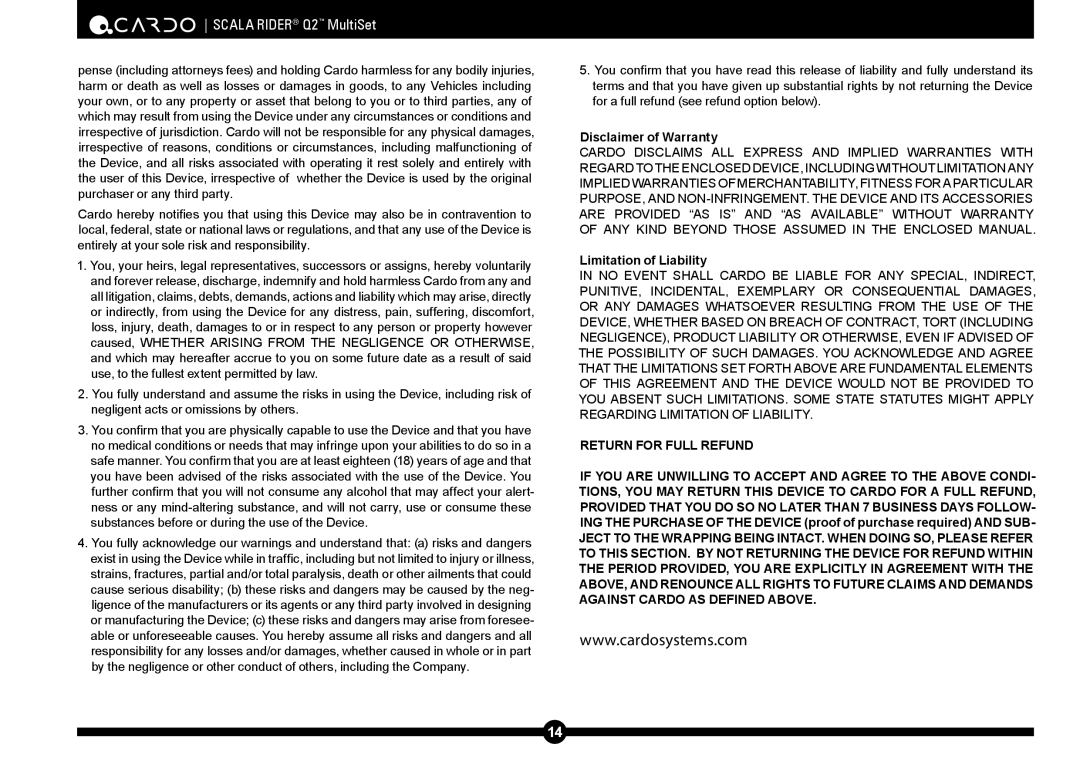 Cardo Q2 manual Disclaimer of Warranty, Limitation of Liability 