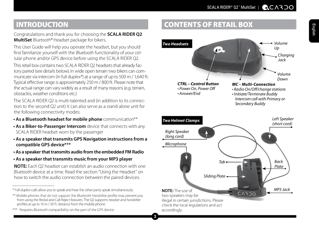 Cardo Q2 manual Introduction, Contents of Retail BOX 