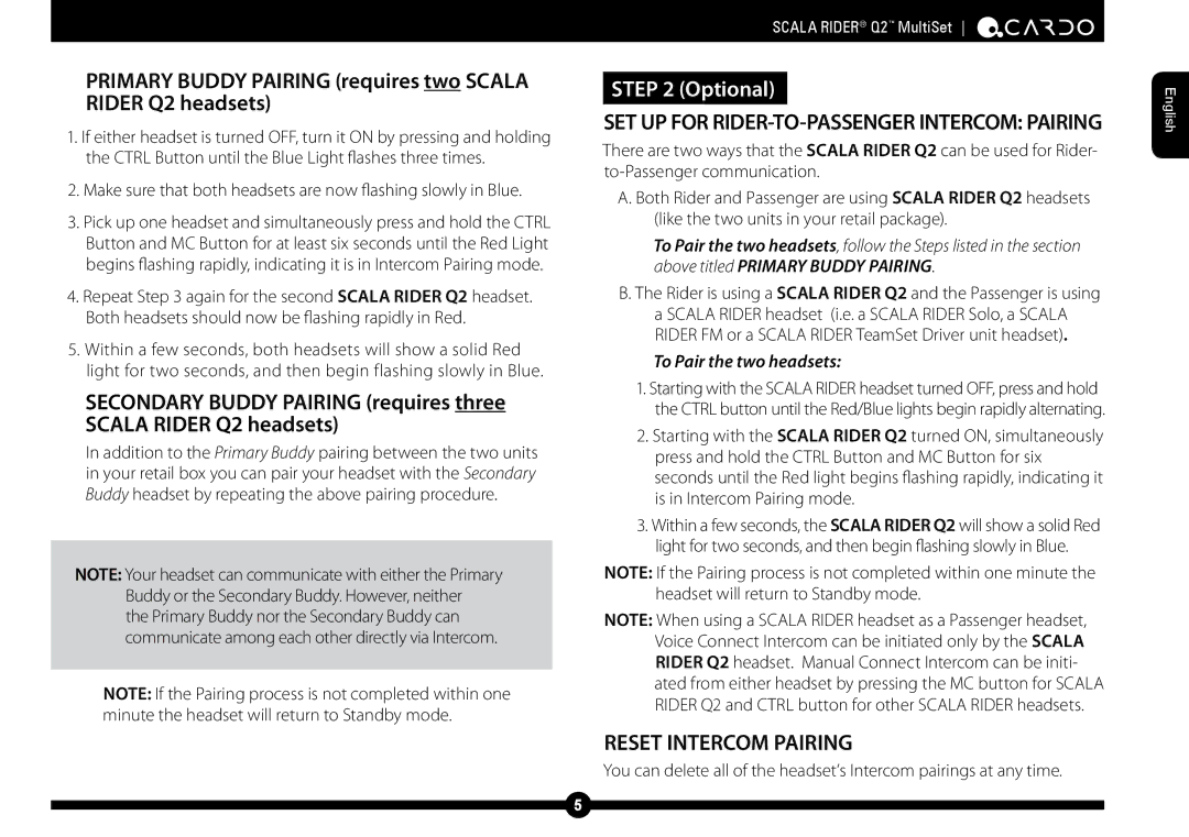 Cardo Q2 manual Reset Intercom Pairing, Make sure that both headsets are now flashing slowly in Blue 