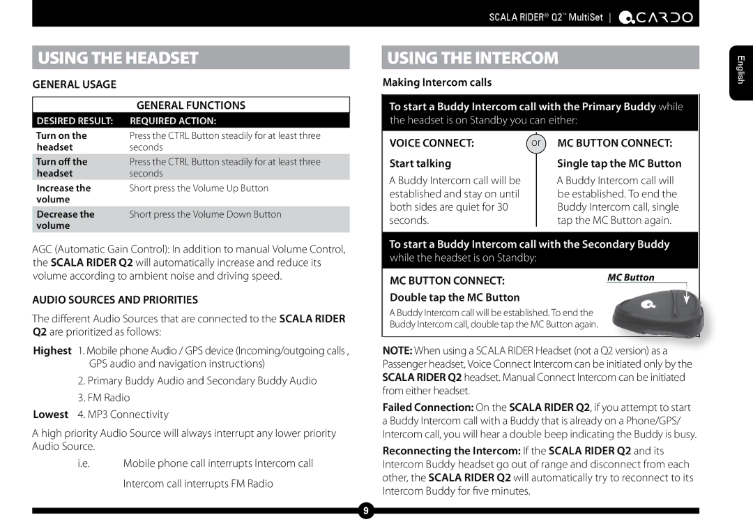 Cardo Q2 manual Using the Headset, Using the Intercom 