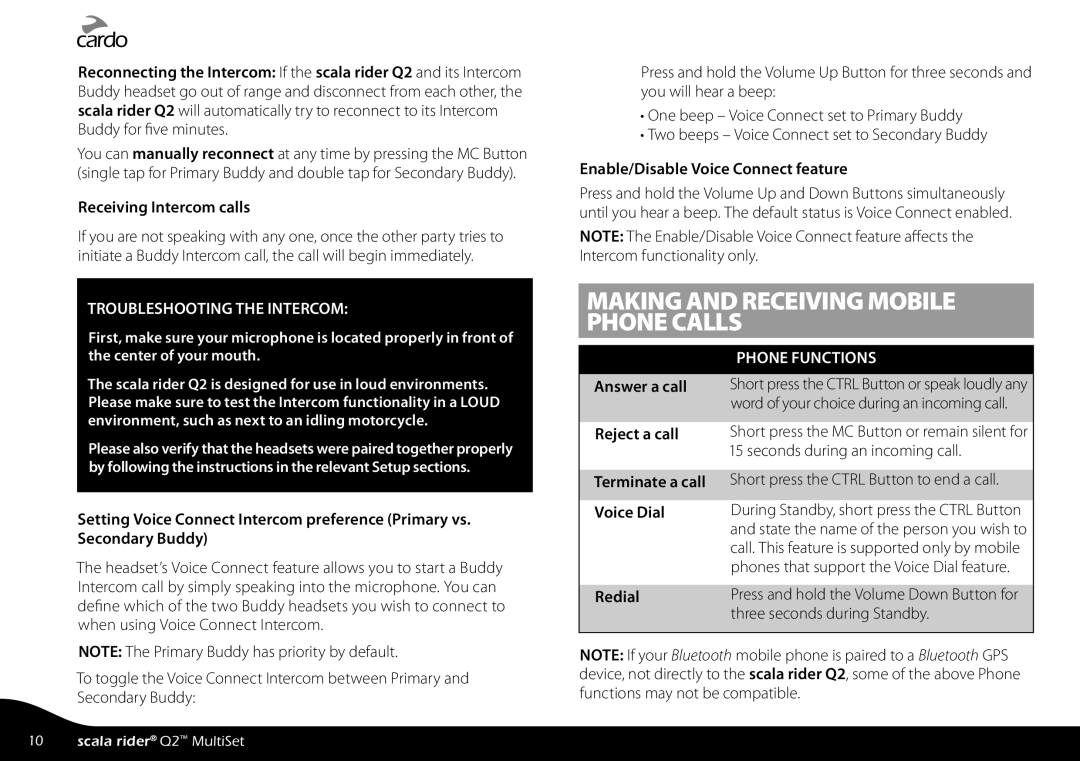 Cardo Q2 manual Making and Receiving Mobile Phone Calls, Receiving Intercom calls, Enable/Disable Voice Connect feature 