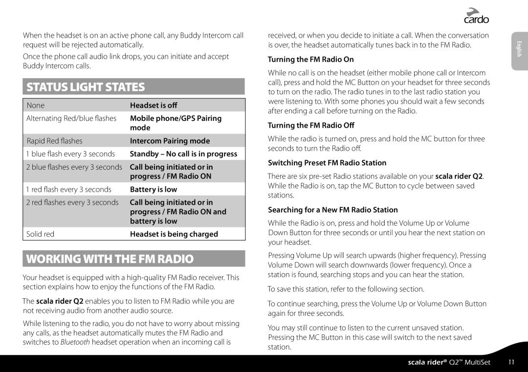 Cardo Q2 manual Status Light States, Working with the FM Radio 