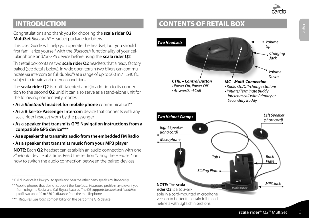 Cardo Q2 manual Introduction, Contents of Retail BOX 