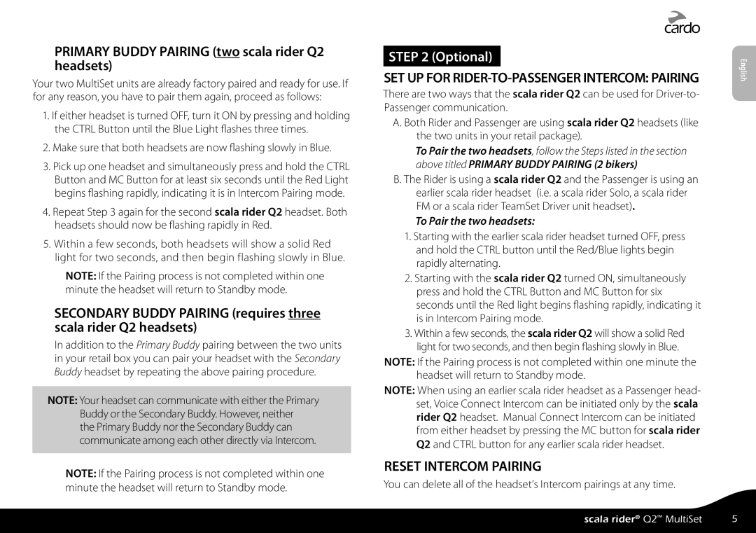 Cardo Q2 manual Reset Intercom Pairing, Make sure that both headsets are now flashing slowly in Blue 