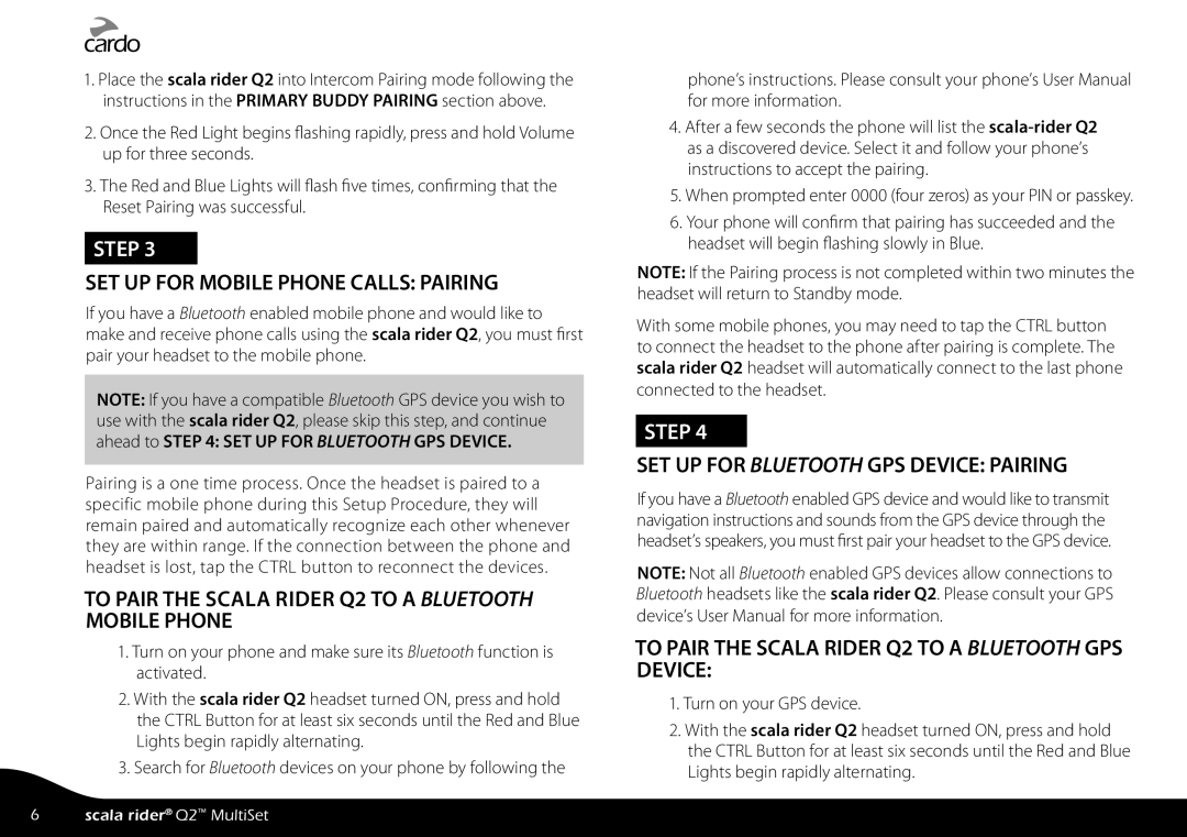 Cardo manual SET UP for Mobile Phone Calls Pairing, To Pair the Scala Rider Q2 to a Bluetooth Mobile Phone 