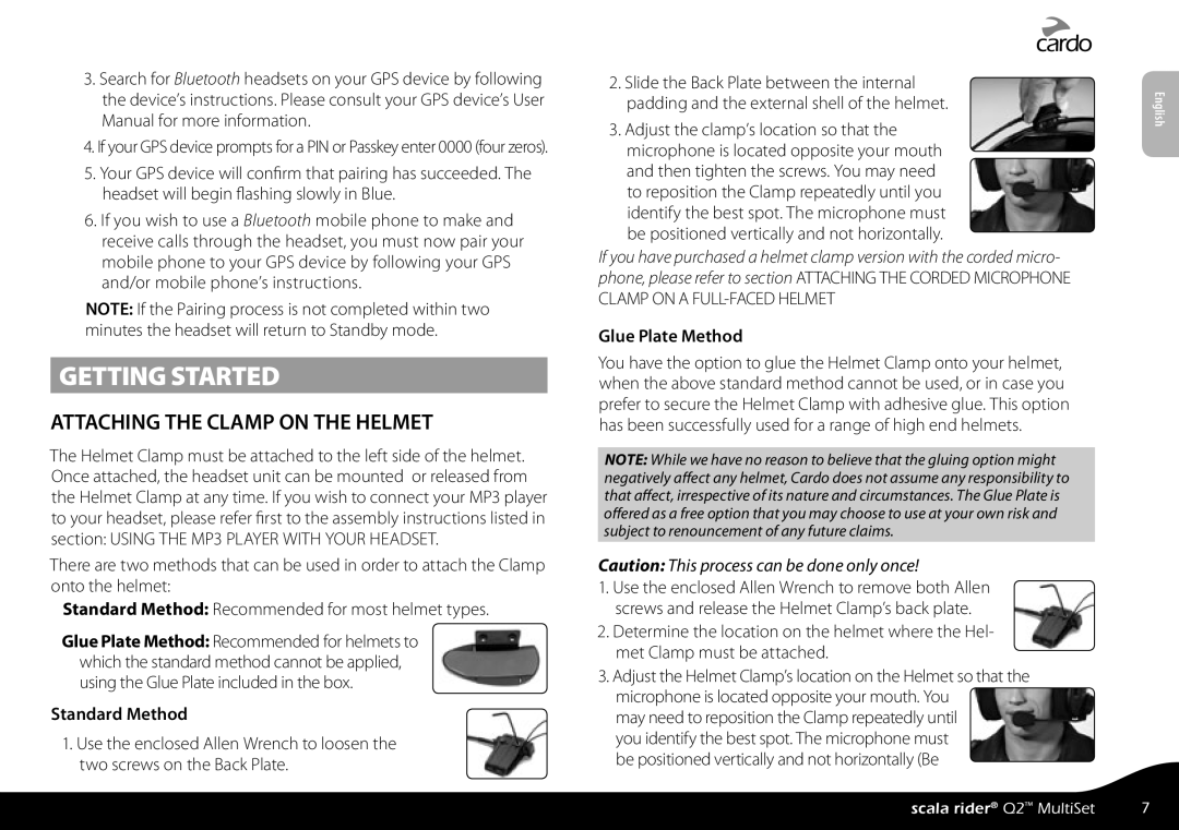 Cardo Q2 manual Attaching the Clamp on the Helmet, Standard Method, Glue Plate Method 