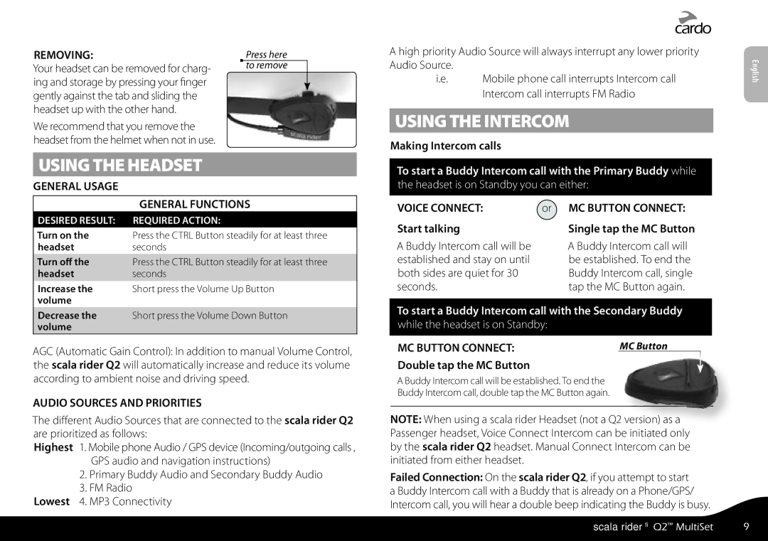 Cardo Q2 manual Using the Headset, Or MC Button Connect Single tap the MC Button, Double tap the MC Button 