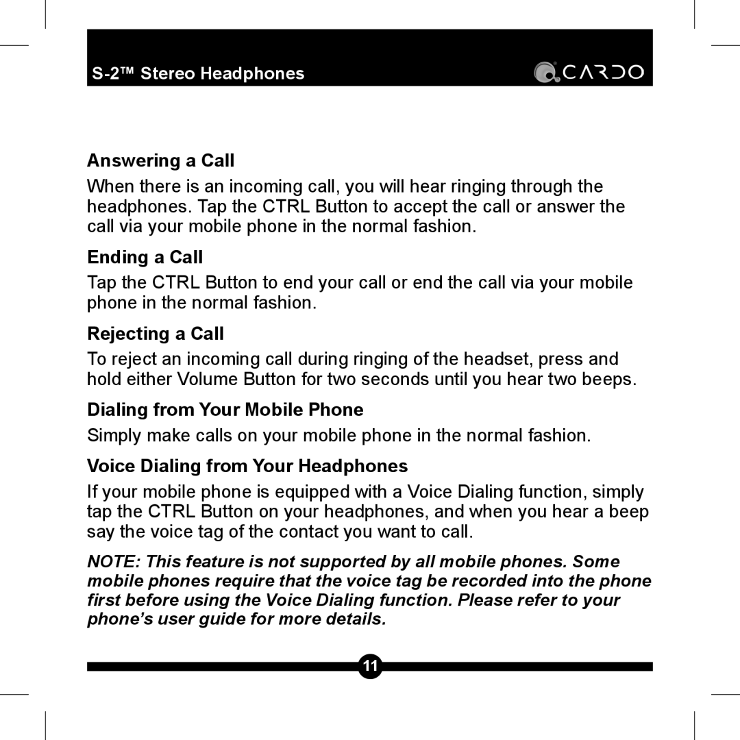 Cardo S-2TM manual Answering a Call, Ending a Call, Rejecting a Call, Dialing from Your Mobile Phone 