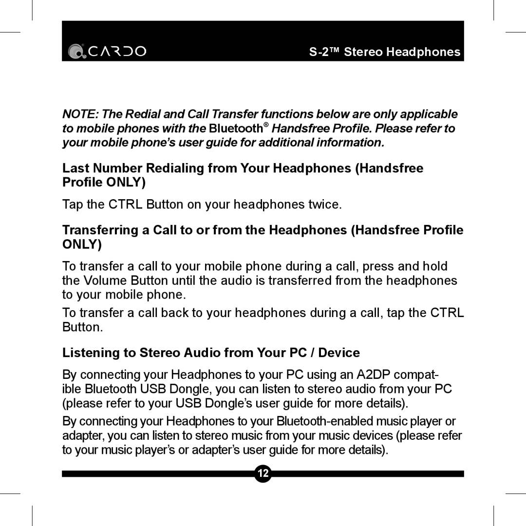 Cardo S-2TM manual Listening to Stereo Audio from Your PC / Device 