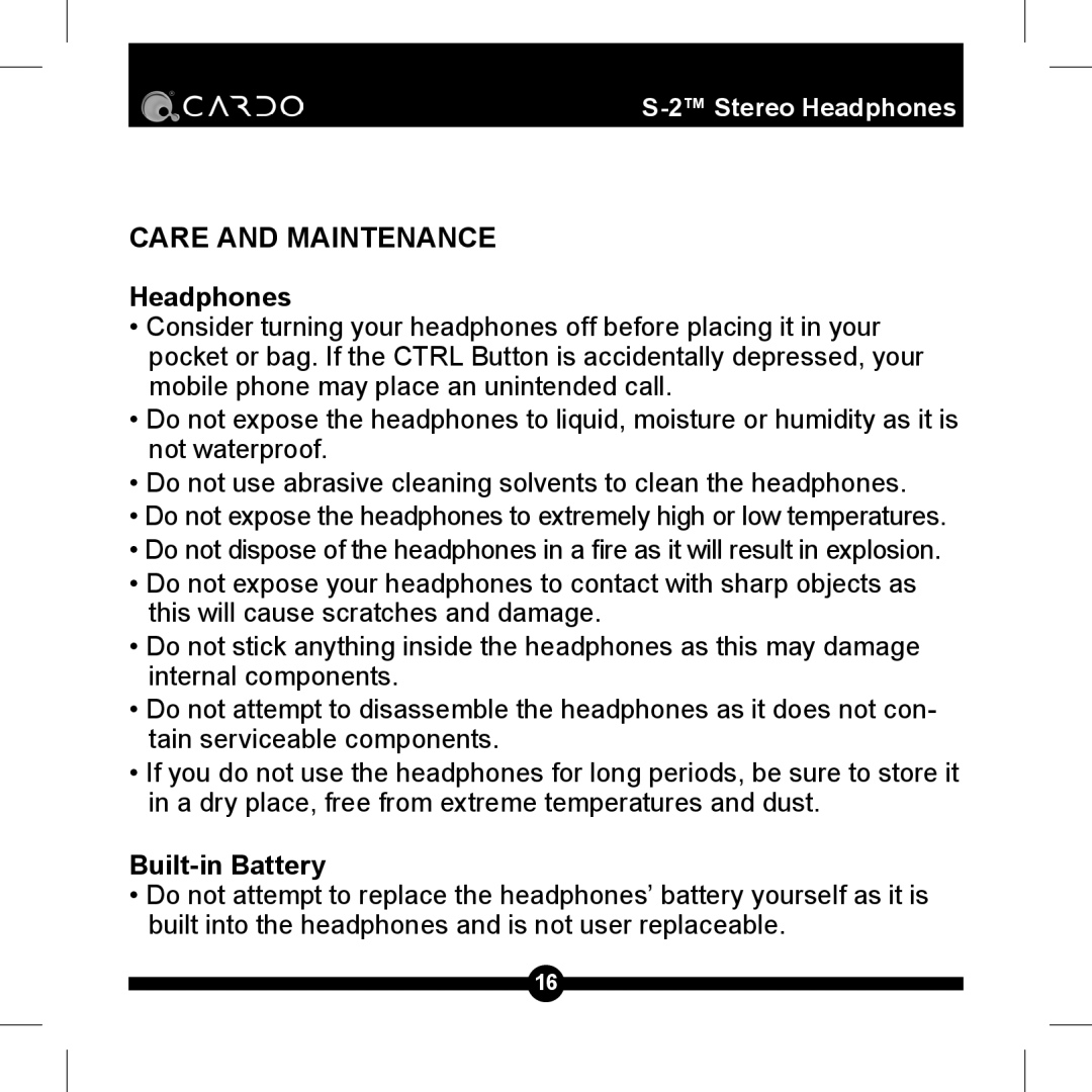 Cardo S-2TM manual Care and Maintenance Headphones, Built-in Battery 