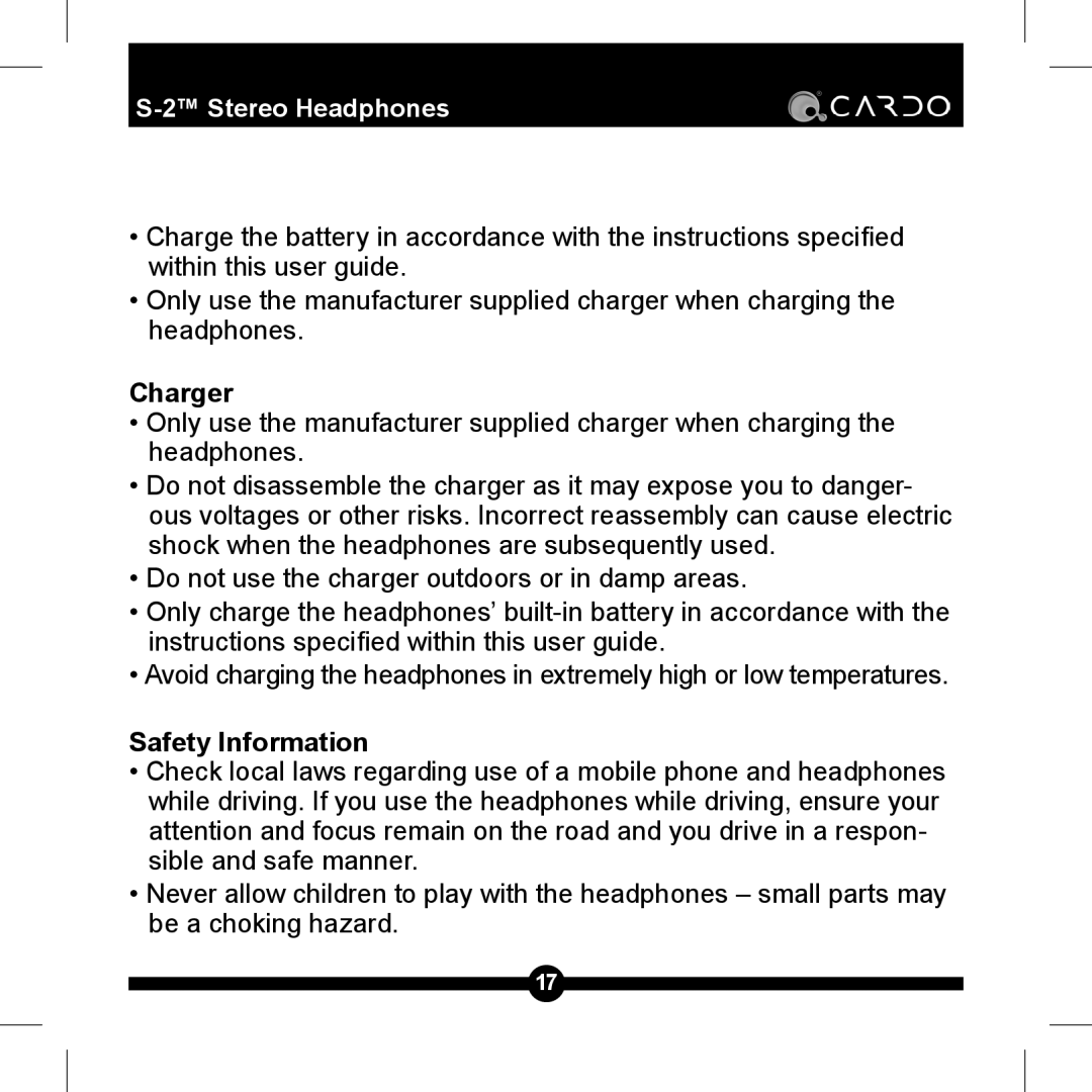 Cardo S-2TM manual Charger, Safety Information 