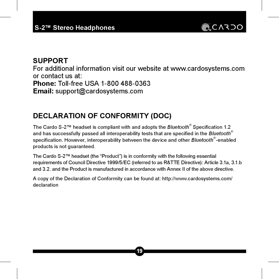 Cardo S-2TM manual Support, Declaration of Conformity DOC 