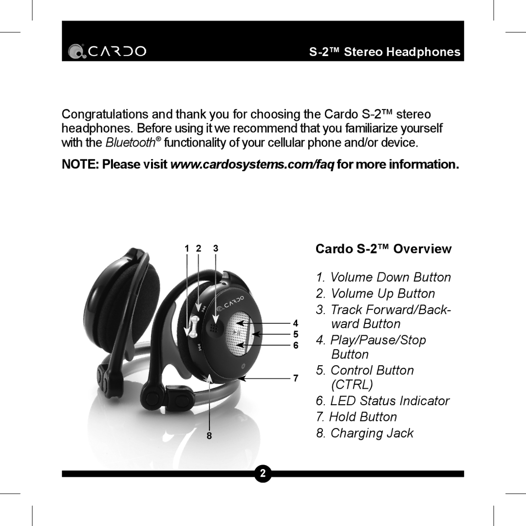 Cardo S-2TM manual Stereo Headphones Cardo S-2 Overview 