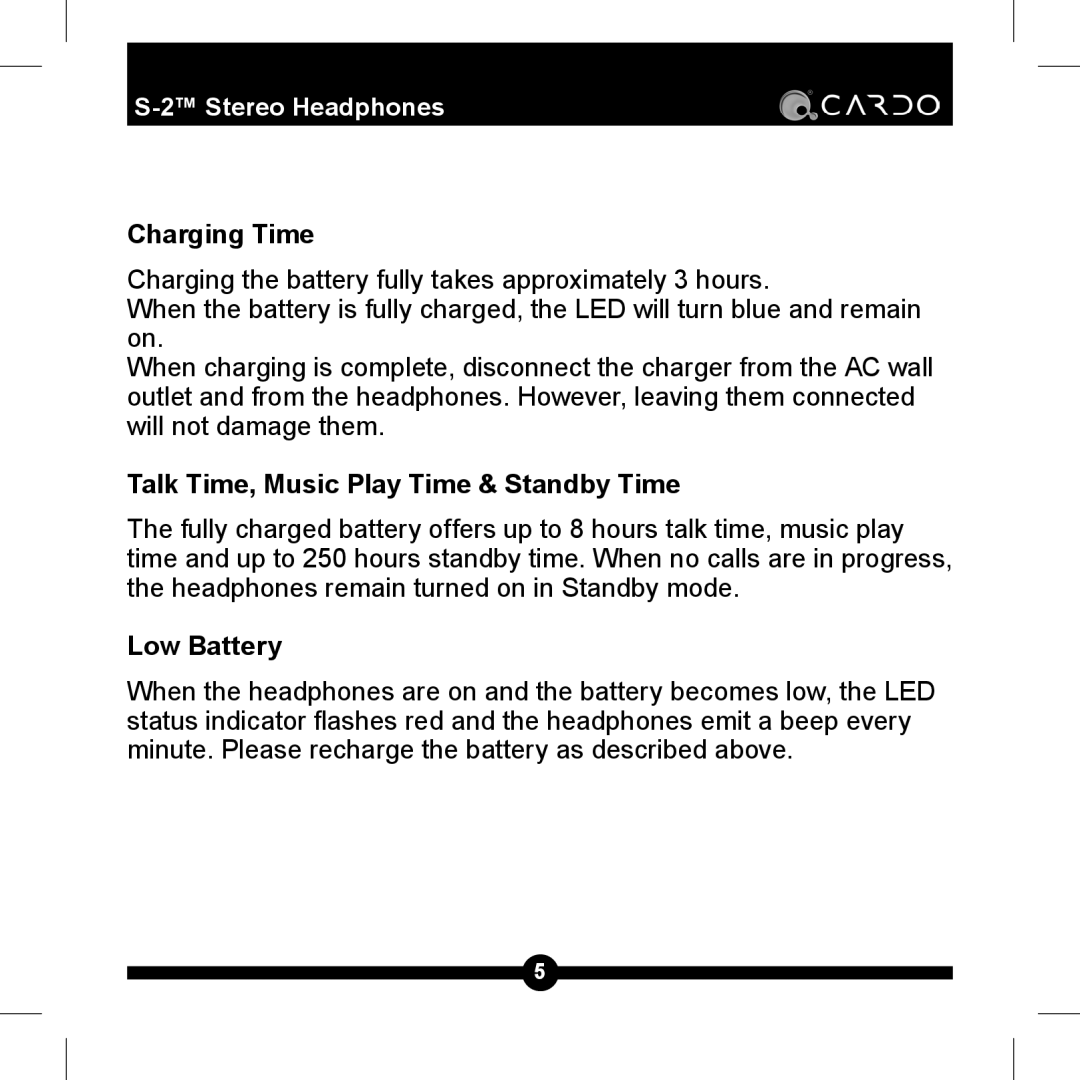 Cardo S-2TM manual Charging Time, Talk Time, Music Play Time & Standby Time, Low Battery 