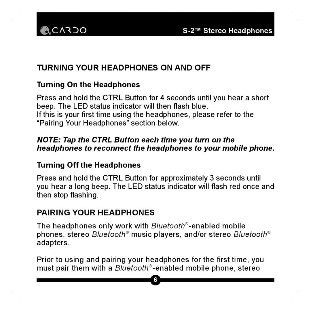 Cardo S-2TM manual Turning Off the Headphones, Pairing Your Headphones 