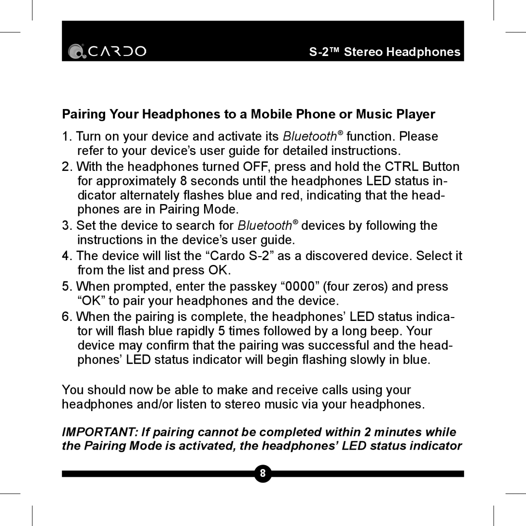 Cardo S-2TM manual Pairing Your Headphones to a Mobile Phone or Music Player 