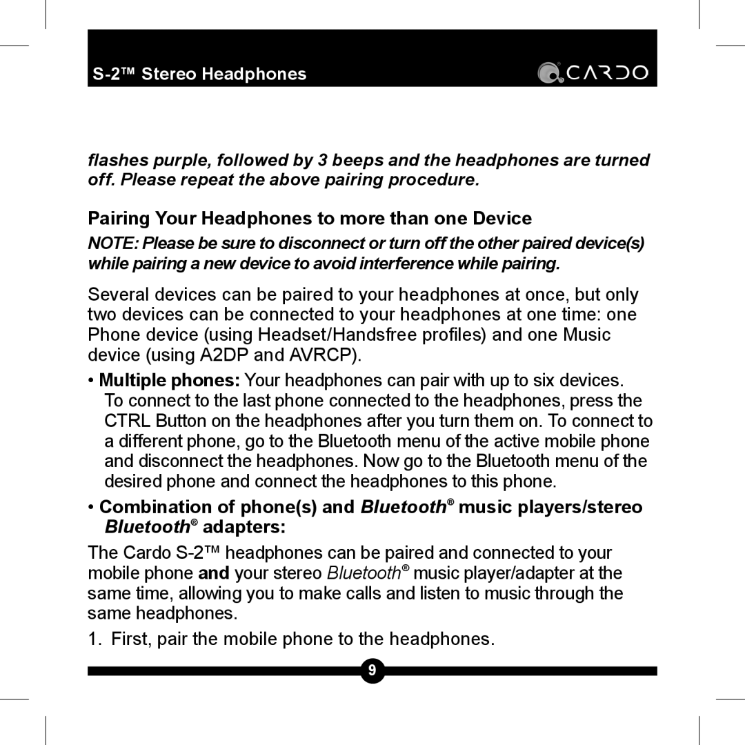 Cardo S-2TM manual Pairing Your Headphones to more than one Device 