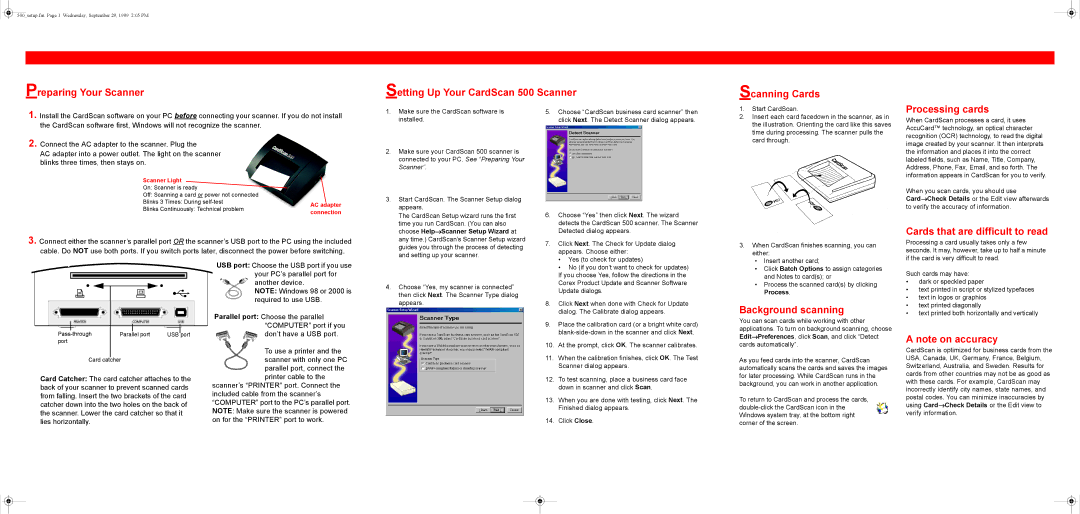 CardScan 500 manual Processing cards, Cards that are difficult to read, Background scanning 